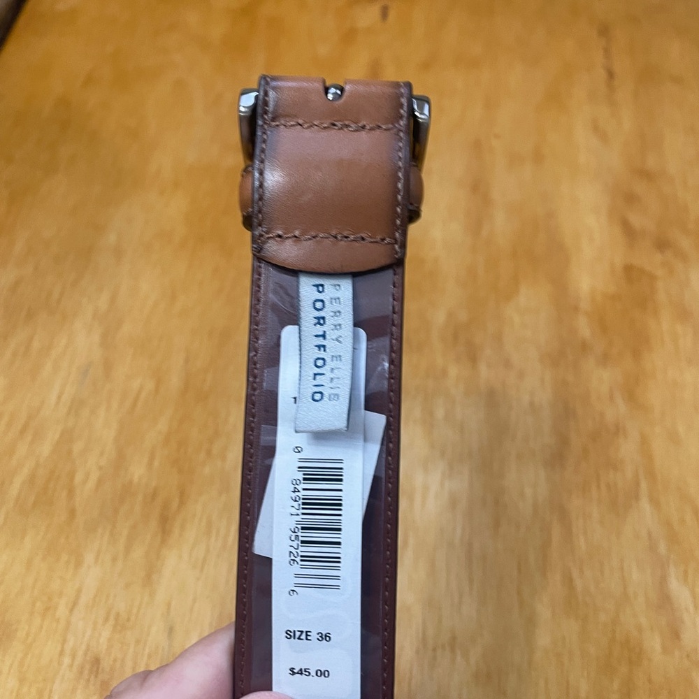 Perry Ellis Classic Tan Leather Belt with Gunmetal Buckle, 36, NWT